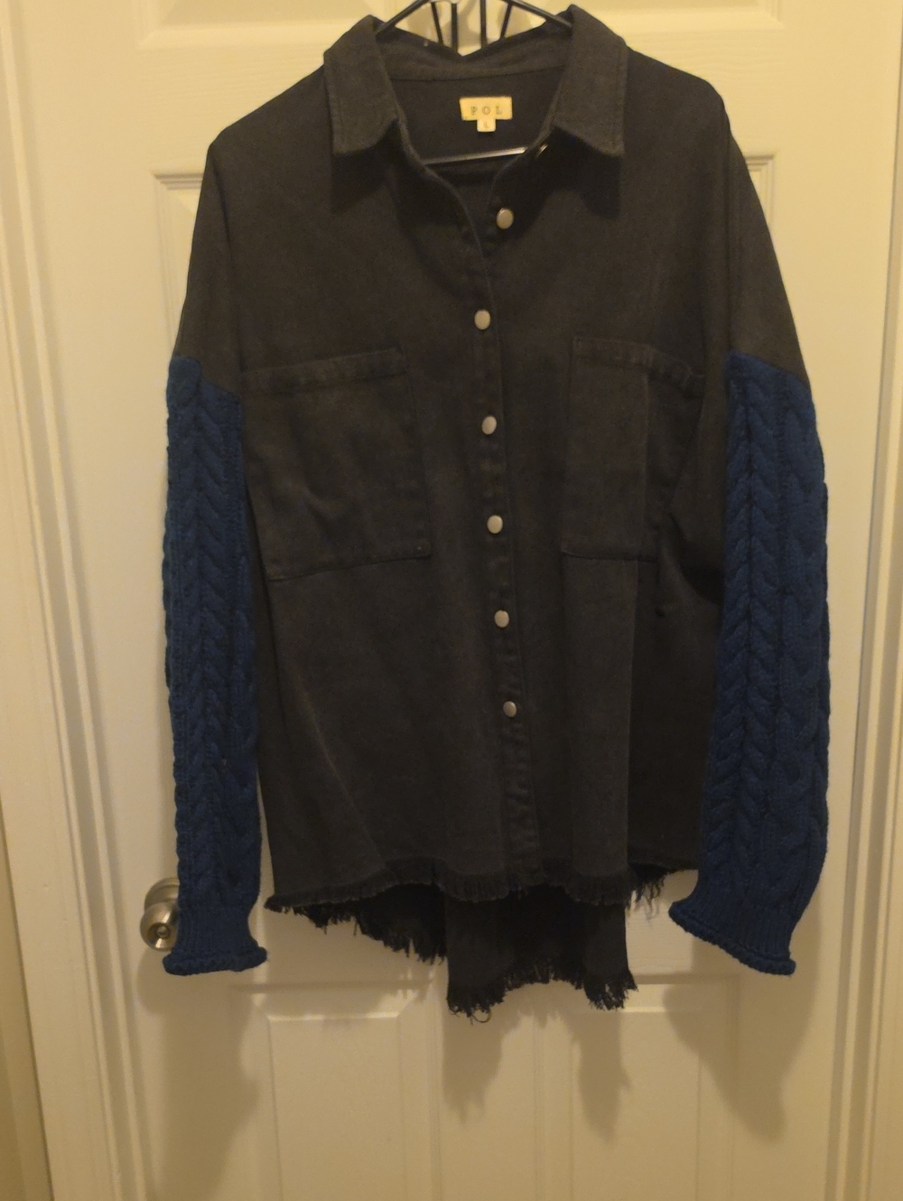 POL Black Denim Shirt Jacket with Blue Cable Knit Sleeves